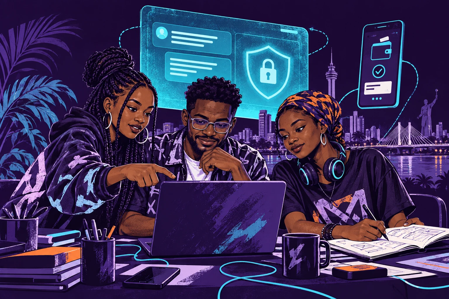 Trois jeunes créateurs collaborent autour d’un ordinateur pour concevoir des outils numériques plus sûrs.
