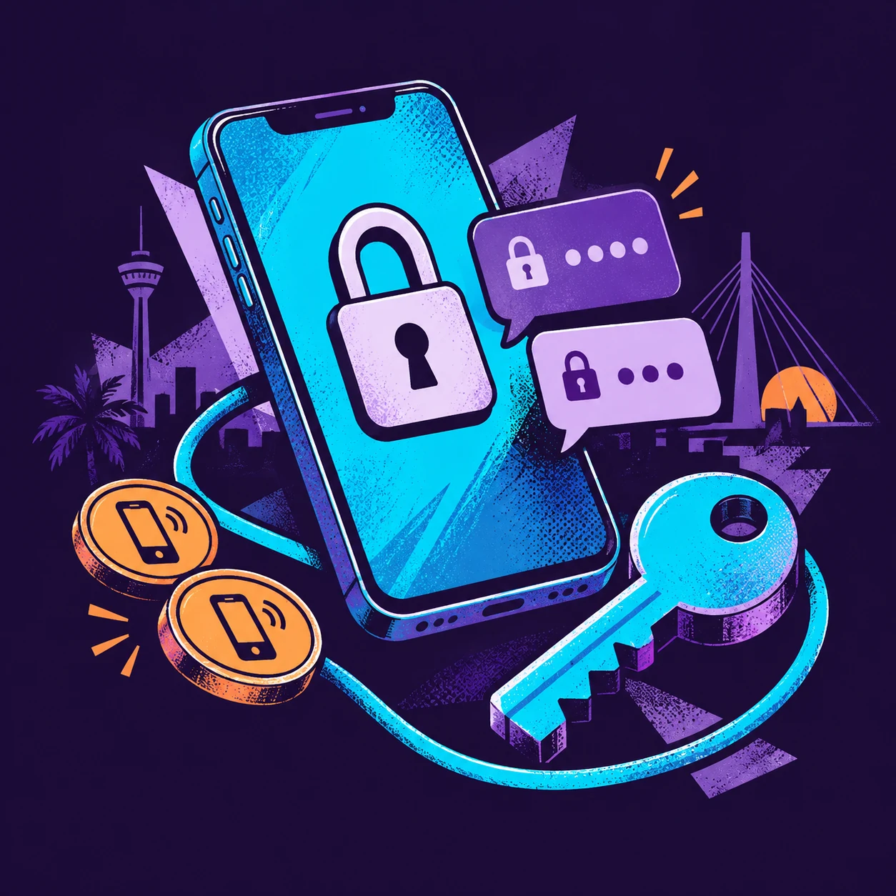 Illustration d’un téléphone protégé, de messages chiffrés et d’une clé numérique.